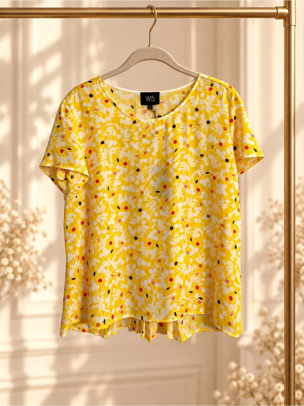 W5 Yellow Floral Pleated-Back Blouse, Women’s Medium